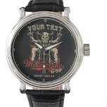 Personalisierte Biker Skeleton Motorrad Shop Garag Armbanduhr<br><div class="desc">Personalisierte Biker Skeleton Motorrad Shop Garage Design,  mit Badass Skelett-Biker Reiten ein maßgeschneidertes Bobber. Anpassen mit Ihrem Namen oder benutzerdefinierten Text.</div>