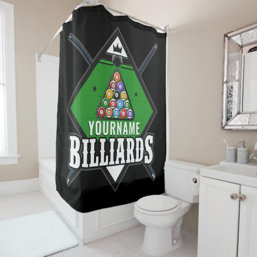 Personalisierte Billard NAME Cue Rack Pool Room Duschvorhang (Beispiel)