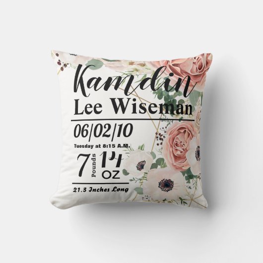 Personalisierte Birth Pillow Geometric Garden Rose Kissen (Vorderseite)