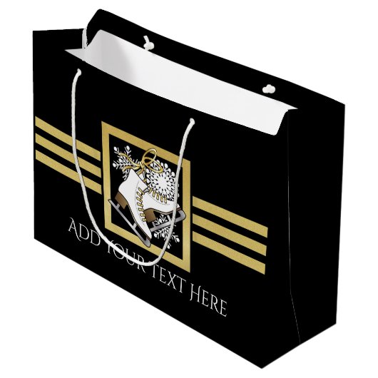 Personalisierte Black and Gold Glitzer Ice Skaten Große Geschenktüte (Vorderseite Schrägansicht)