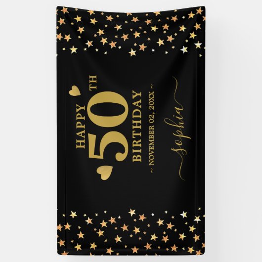 Personalisierte Black and Gold Stars 50. Geburtsta Banner (Vertikal)