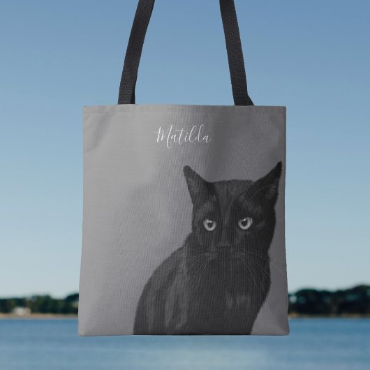 Personalisierte Black Cat Art Grau Tote Tasche