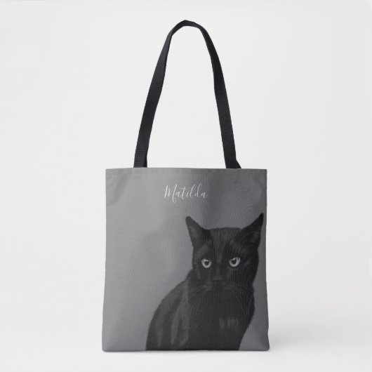 Personalisierte Black Cat Art Grau Tote Tasche (Vorderseite)