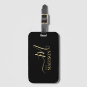 Personalisierte Black Gold Monogram Script Hochzei Gepäckanhänger (Vorderseite Vertikal)
