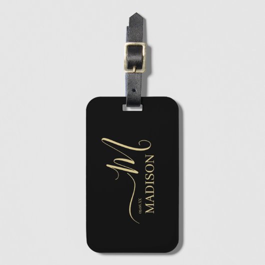 Personalisierte Black Gold Monogram Script Hochzei Gepäckanhänger (Vorderseite Vertikal)