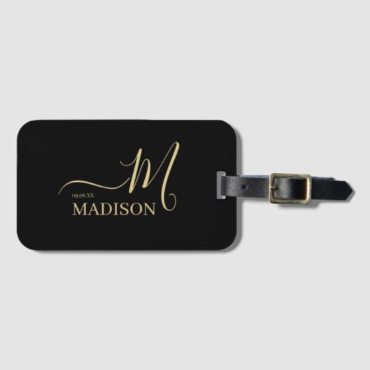 Personalisierte Black Gold Monogram Script Hochzei Gepäckanhänger (Vorderseite (Horizontal))