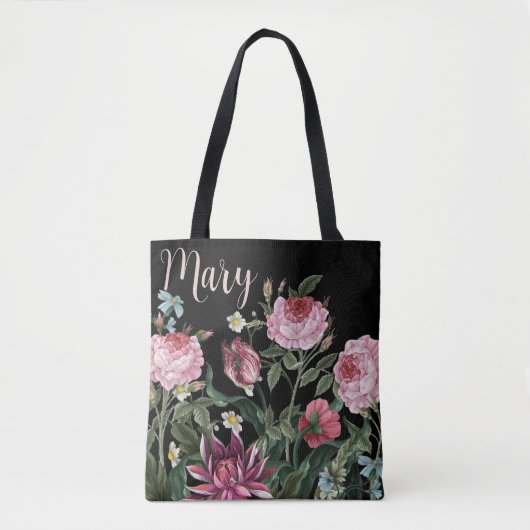 Personalisierte Black Tote Bag - Blumenmuster Tasche (Vorderseite)