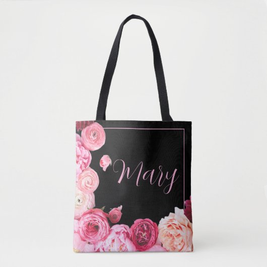Personalisierte Black Tote Bag - Pink Peony Tasche (Vorderseite)