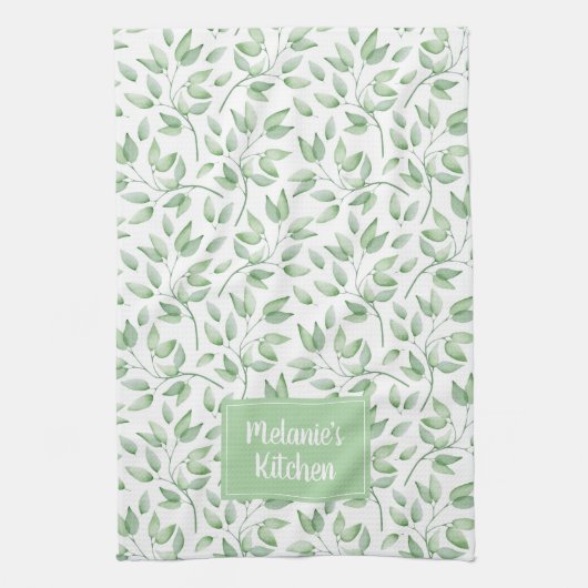Personalisierte Blätter in Sage Green Geschirrtuch (Vertikal)