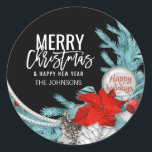 Personalisierte BLAU Black Red MERRY CHRISTMAS Runder Aufkleber<br><div class="desc">Fügen Sie diese modernen & personalisierten BLAU und Schwarz Frohe Weihnachtsfeiertage und glückliche neue Jahresaufkleber zu Ihren Grußkarten,  Umschlägen . Winterkiefern in blau mit roter Poinsettia . Bearbeitbarer Text - Farbe,  Schriftart und Größe.</div>