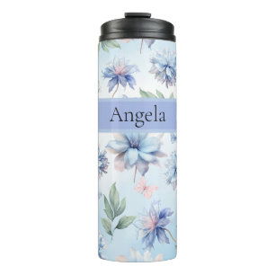 Personalisierte blaue Blumen und rosa Schmetterlin Thermosbecher