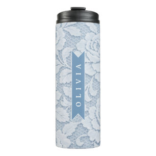 Personalisierte Blaue Blumenranken Elegant Romanti Thermosbecher