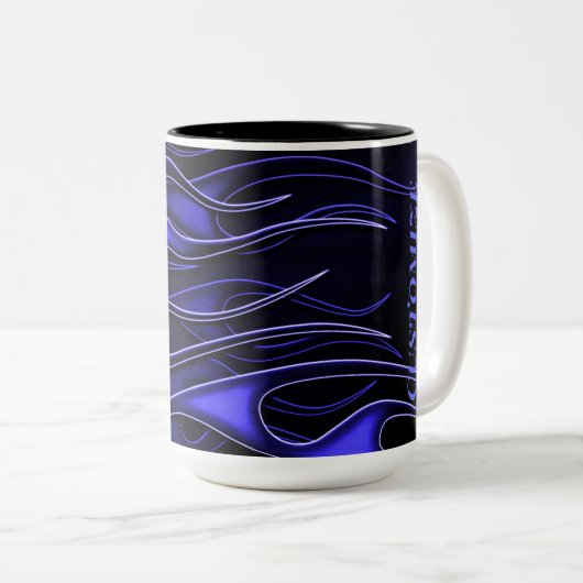 Personalisierte blaue Flammen Zweifarbige Tasse (VorderseiteRechts)