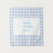 Personalisierte Blaue Gingham-Geburtstagsfeier Wandteppich (Vorderseite)