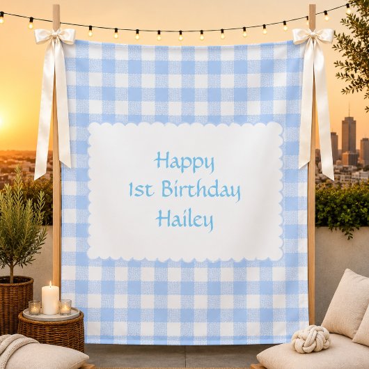Personalisierte Blaue Gingham-Geburtstagsfeier Wandteppich
