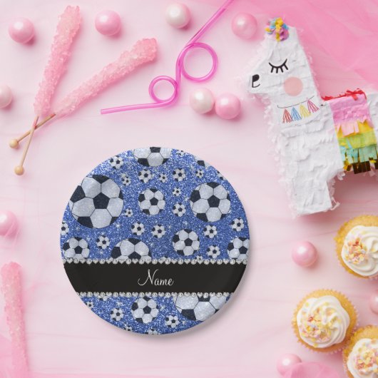 Personalisierte blaue Glitterfußbalnamensbälle Pappteller (Party)