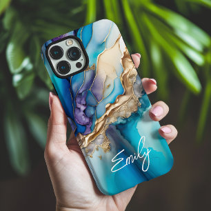 Personalisierte Blaue Goldmarmor-Kalligrafie-Name iPhone 16 Pro Max Hülle