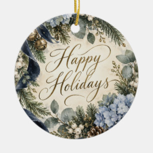 Personalisierte Blaue Hortensien-Botanik-Weihnacht Keramik Ornament
