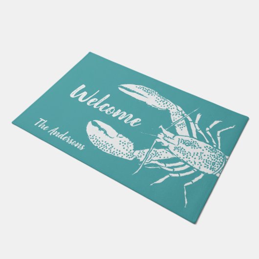 Personalisierte Blaue Hummer in Weiß und Aquamarin Fußmatte (Schrägansicht)