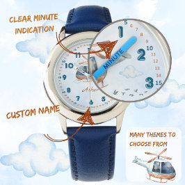 Personalisierte Blaue Jungen Hubschrauber Lernuhr Armbanduhr