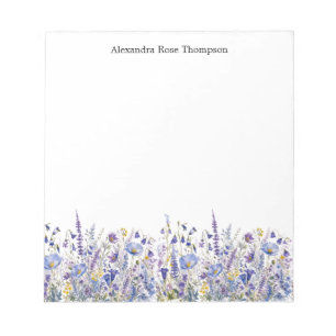 Personalisierte Blaue Lila Wildblumen-Aquarell Notizblock