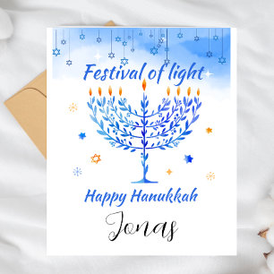 Personalisierte blaue Menora zum Lichterfest Feiertagspostkarte