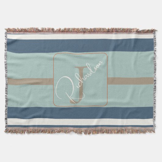 Personalisierte Blaue Minze-Tan-Streifen-Monogramm Decke (Vorderseite)