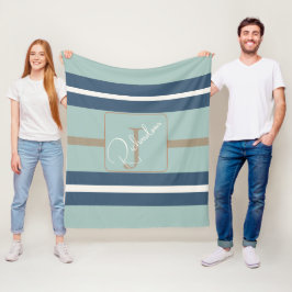 Personalisierte Blaue Minze-Tan-Streifen-Monogramm Fleecedecke