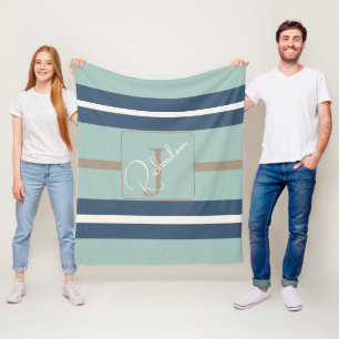 Personalisierte Blaue Minze-Tan-Streifen-Monogramm Fleecedecke