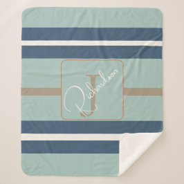 Personalisierte Blaue Minze-Tan-Streifen-Monogramm Sherpadecke