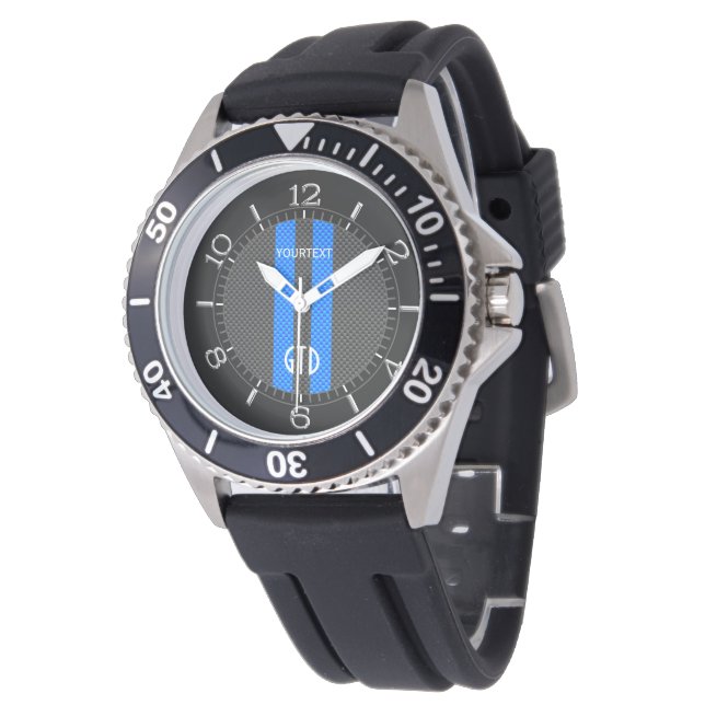 Personalisierte blaue Racing Stripes Armbanduhr (Schrägansicht)