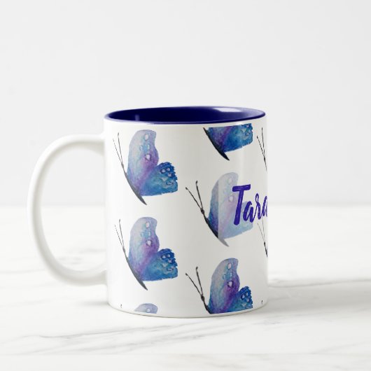 Personalisierte blaue Schmetterling Zwei-Ton Zweifarbige Tasse (Links)