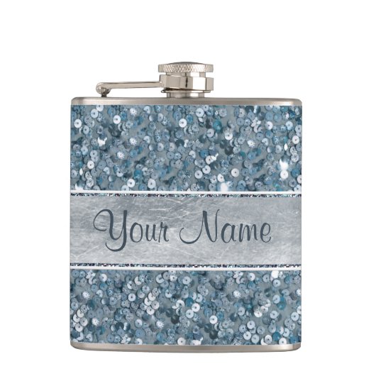 Personalisierte blaue Sequins-silberne Folie Flachmann (Vorderseite)