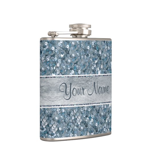 Personalisierte blaue Sequins-silberne Folie Flachmann (Rechts)