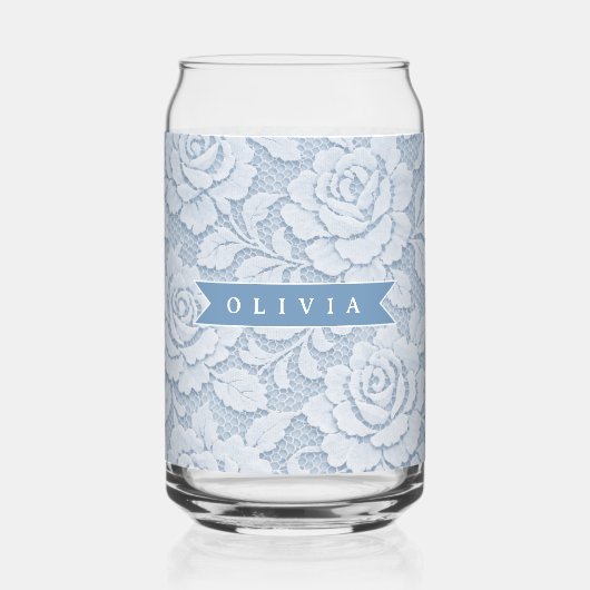 Personalisierte Blaue Spitze Floral Elegant Romant Dosenglas (Vorderseite)