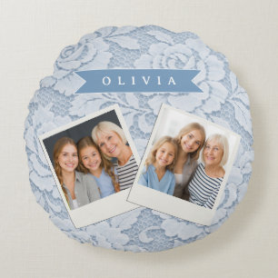 Personalisierte Blaue Spitze Floral Elegant Romant Rundes Kissen