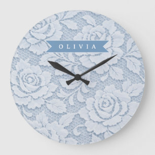 Personalisierte Blaue Spitze Florale Elegante Roma Große Wanduhr