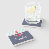 Personalisierte blaue Streifen mit rotem Anker Steinuntersetzer (Seitenansicht)