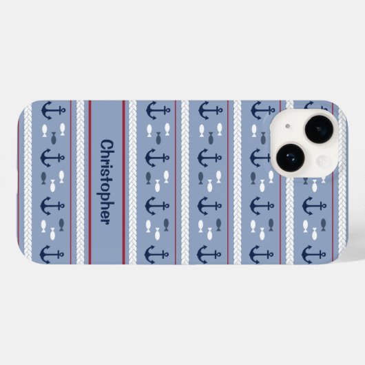 Personalisierte blaue und weiße Anker Case-Mate iPhone Hülle (Rückseite (Horizontal))