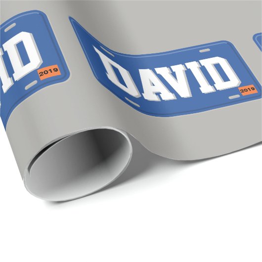 Personalisierte blaue und weiße Lizenz-Platte Geschenkpapier (Rolleneckpunkt)