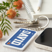 Personalisierte blaue und weiße Lizenz-Platte Schlüsselanhänger (Vorderseite rechts)