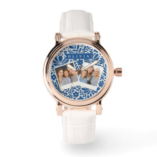 Personalisierte Blaue Volkstümliche Blumen Nordisc Armbanduhr