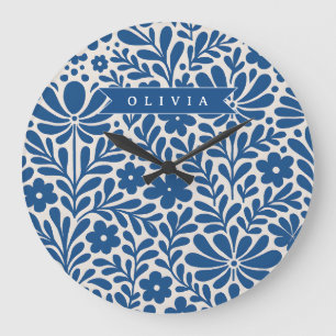 Personalisierte Blaue Volkstümliche Blumen Nordisc Große Wanduhr