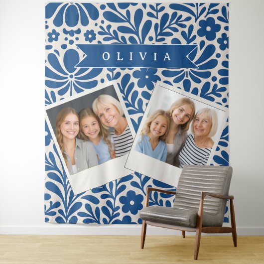 Personalisierte Blaue Volkstümliche Blumen Nordisc Wandteppich (Beispiel)