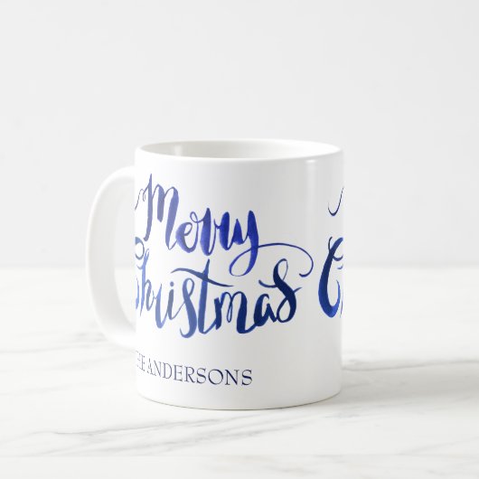 Personalisierte blaues und weißes WeihnachtsTasse Kaffeetasse (Vorderseite Links)