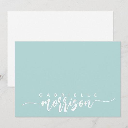 Personalisierte blaugrüne Skriptname Flat Note Car Mitteilungskarte (Vorne/Hinten)