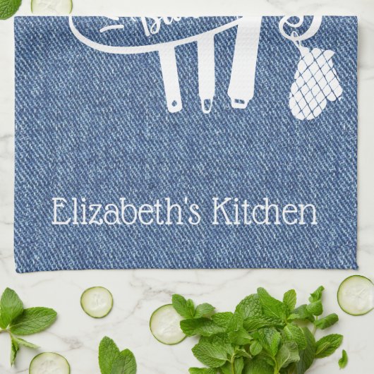 Personalisierte blauweiße Imitate Denim Backutensi Geschirrtuch (Gefaltet)