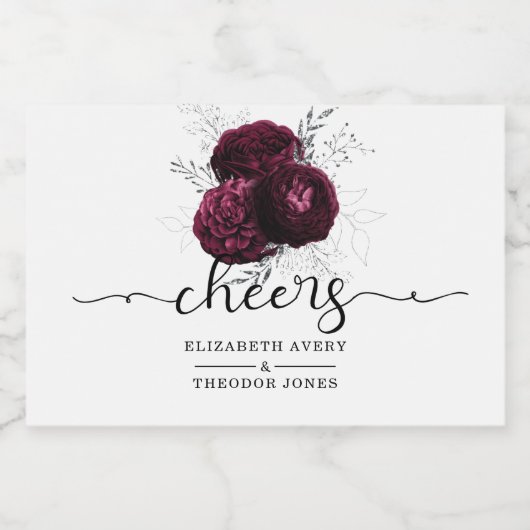 Personalisierte Bloral Burgundy Wedding Schaumweinetikett (Einzelnes Label)