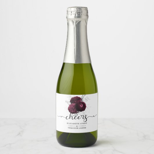 Personalisierte Bloral Burgundy Wedding Schaumweinetikett (Vorderseite)