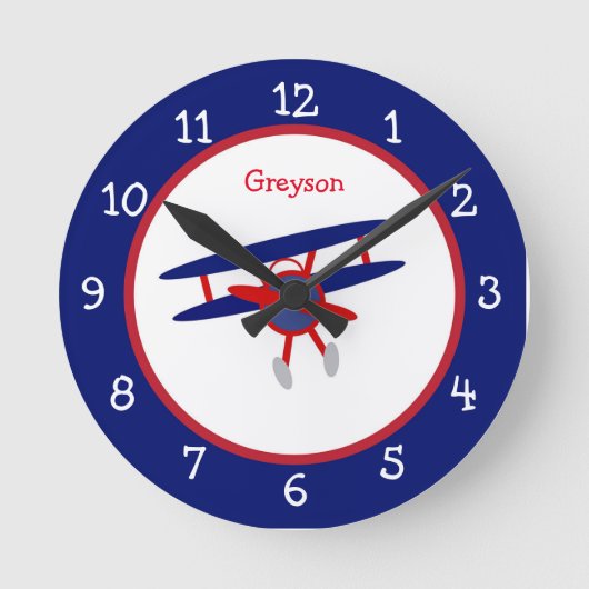Personalisierte Blue and Red Airplane Children Runde Wanduhr (Vorderseite)